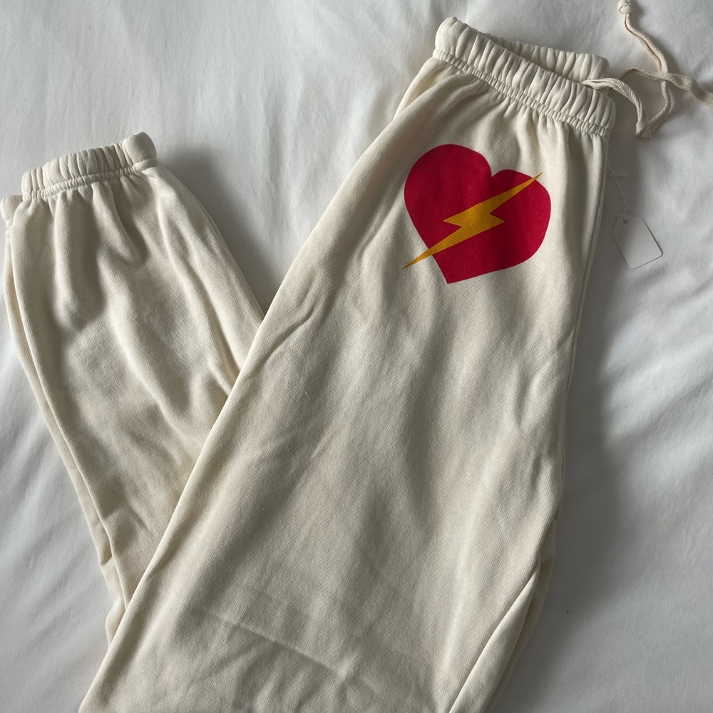 Aviator Nation Cream Joggers with Red Heart and Yellow Lightning